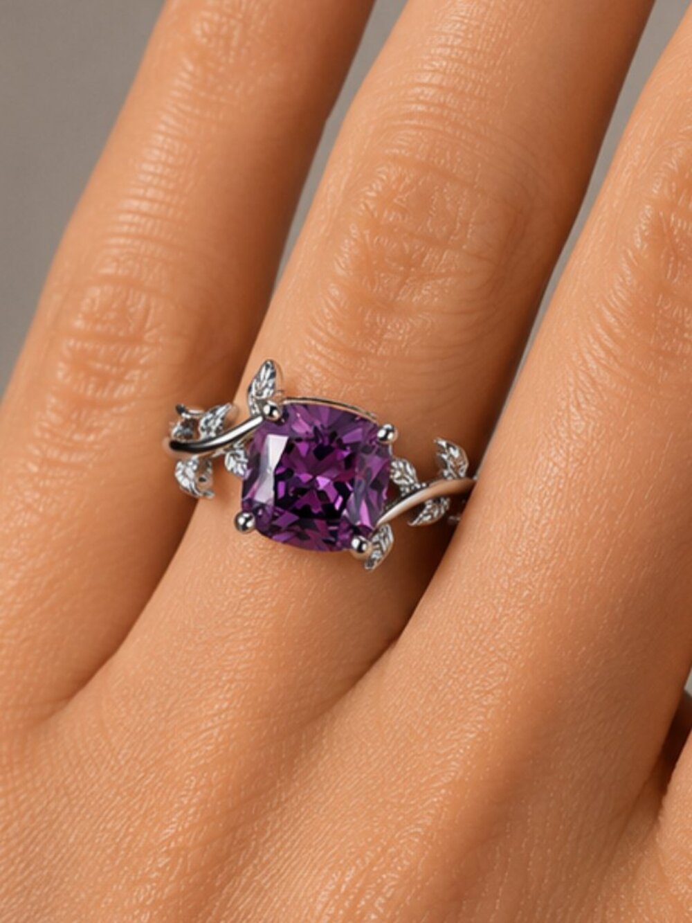 NEW 14k White Gold Amethyst Purple Diamond Ring Cushion Cut Ring